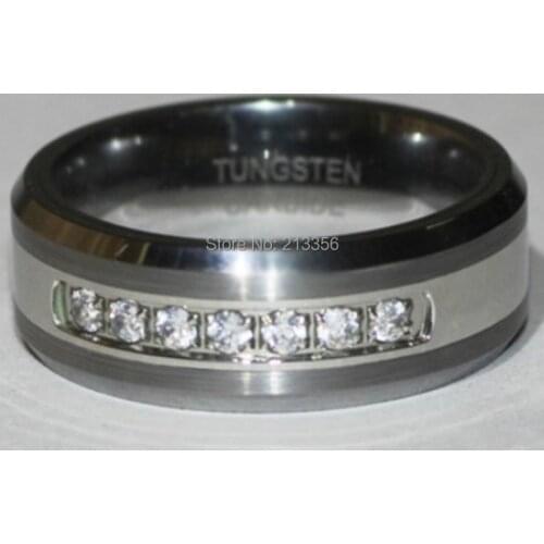 Free Shipping & Engraving 2015 Hot Selling 8MM 7PCS Shiny Stones Inlay Silver Beveled Tungsten Ring For Wedding Band Ring