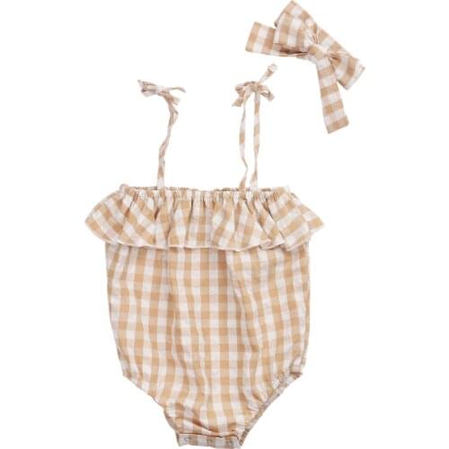 Focusnorm 0-24M Summer Infant Toddler Kids Baby Girl Plaid Romper Sleeveless Straps Jumpsuit Outfit 2 Colors Headband Set