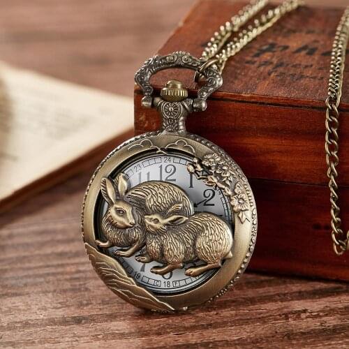 Pocket Watch Unisex Classic Chinese Zodiac Rabbit Style Pendant Watches Necklace Chain Steampunk Fob Watch reloj de bolsillo