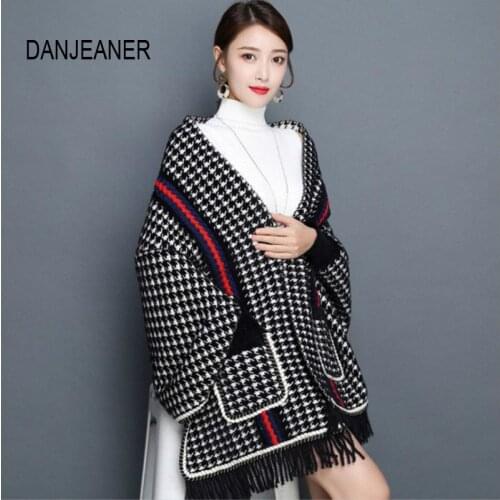 DANJEAN Classic Houndstooth Women Winter Wool Poncho Female Warm Batwing Sleeve Tassel Knitted Cardigan with Pockets Windproof