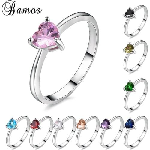Bamos Mutilcolor AAA Zircon Heart Ring Dainty Crystal Ladies Rings Silver Color Wedding Jewelry For Women