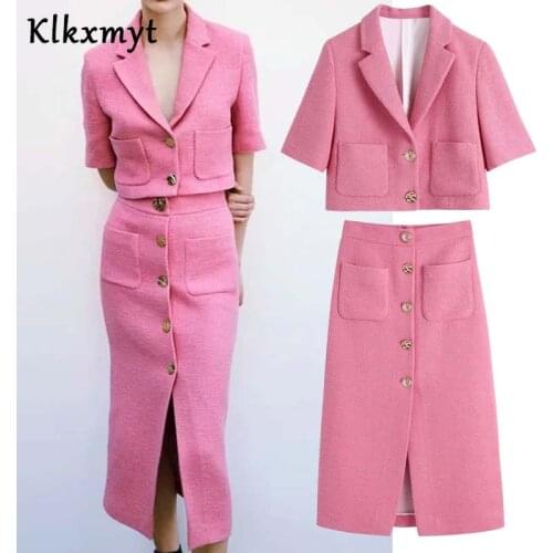 Klkxmyt Za 2 Pieces Set Women 2021 New Fashion Pink Texture Short Blazer Jacket And High Waist Midi Skirts Women Two Pieces Sets