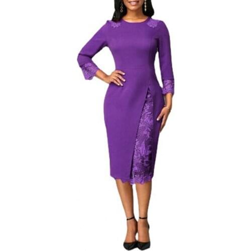 Lace Sexy Dress Africa Women Clothing Slim Pencil Skirt Casual Round Neck Long Sleeve African Clothing Purple Evening Dresses