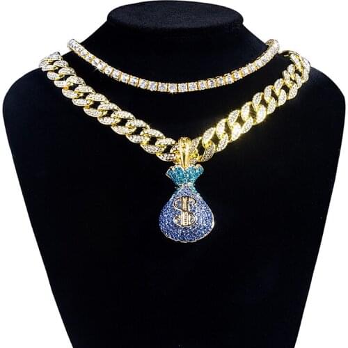 Full Iced Out 18"Miami Curb Cuban Chain & Blue Lucky Bag Pendant Men Pendant Hip Hop Rapper Gold Necklace Cubic Zirconia Jewelry