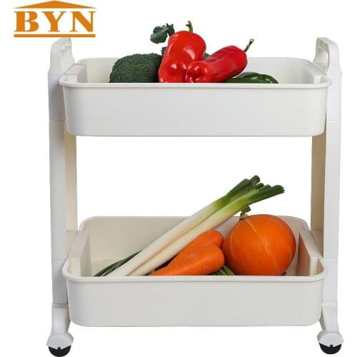 BYN Kitchen Accessories White Movable 2 Tier PP Sliding Food Vegetables Service Cart Fruit Storage Trolley With 4 Wheels DQ1518