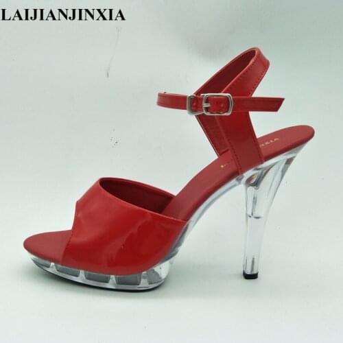 LAIJIANJINXIA New Fashion Women Sandals Extreme High Heels 13 CM Elegant Party Shoes Ankle Strap Platform Peep Toe Big Size 46