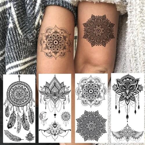 Dreamcatcher Feather Temporary Tattoos For Women Sexy Owl Jewelry Henna Tattoo Mehndi Flower Black Realistic Fake Tatoo Arm Art