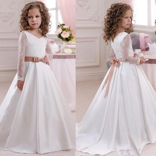 Cute Jewel Neck Lace Flower Girls Dresses Long Sleeves Tulle Lace Beaded First Communion Dresses Girls Pageant Gowns With Cover