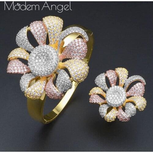 ModemAngel Luxury Flower 2Pc Bangle Ring Sets Cubic Zircon jewelry Sets for women Wedding Tricolor African Dubai Bridal Jewelry