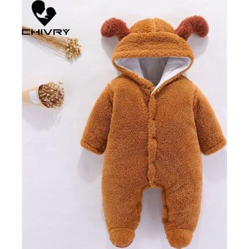 New 2020 Newborn Baby Boys Girls Rompers Winter Warm Solid Hooded Button Fleece Jumpsuit Toddler Playsuit Infant Clothing