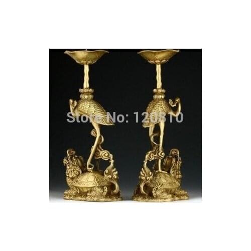 ONE PAIR OF ORIENTAL CHINESE CARVED COPPER CANDLE STICK-CRANE STATUES