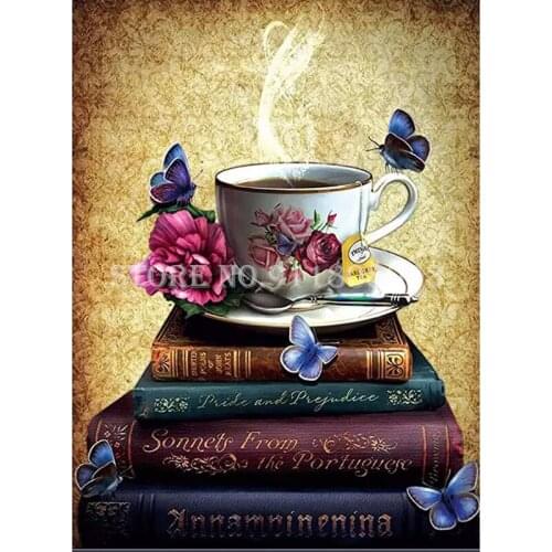 Full Diamond Embroidery 5D Diamond Painting Coffee Cup Books Cross Stitch Kits Mosaic Handicraft Wall Art Home Decor Sticker