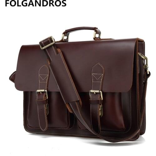 Retro Crazy Horse Leather Mens Briefcase High Quality Genuine Leather16'' Laptop Business Hand bag Cowhide Office Messenger Bag