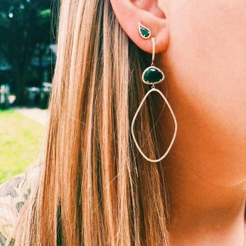 Luxury green red birthstone gem geometric dangle earring Gold color trendy women jewelry