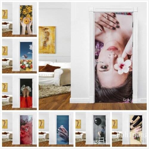 Modern Style Flower and Woman Door Sticker Self Adhesive Waterproof Removable Wallpaper Vinyl Wall Decal Posters Home Door Decor