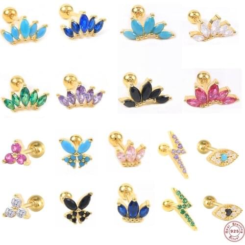 Genuine 925 Sterling Silver Stud Earrings Colorful Oval Zircon Crown Eye Butterfly Piercing Earring For Women CZ Ear Bone Buckle