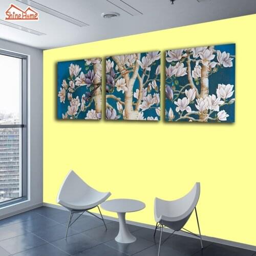 ShineHome-3pc Wall Canvas Painting Flower Blossom Triptych Picture Birch Wood Nature Prints for Living Room Decorative NO Frame