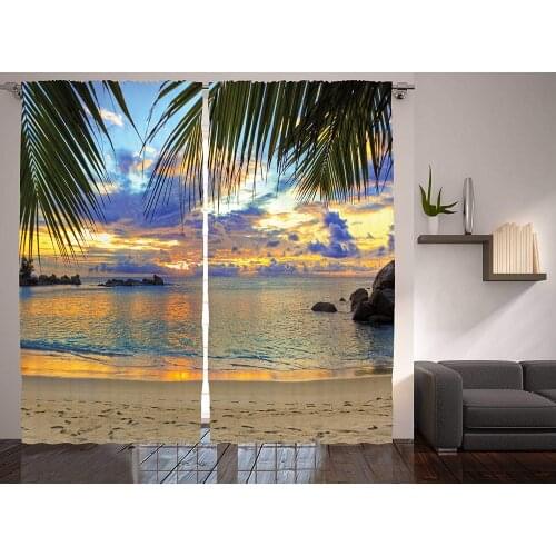 Tropical Curtains Exotic Beach in Sundown Hawaii Palm Trees Foliage Idyllic Summer Nature Living Room Bedroom Window Drapes