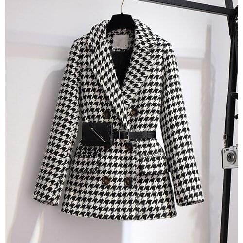 2021 Autumn Winter Houndstooth Jacket Women Long Sleeve Elegant Jackets With Belt Plus Size Harajuku Basic Coat