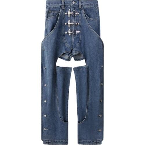 Women Jeans Womens Clothing 2021 Irregular Hollow Out Fake Two High Waist Asymmetry Pants Capris Sexy Long Denim New Fashion