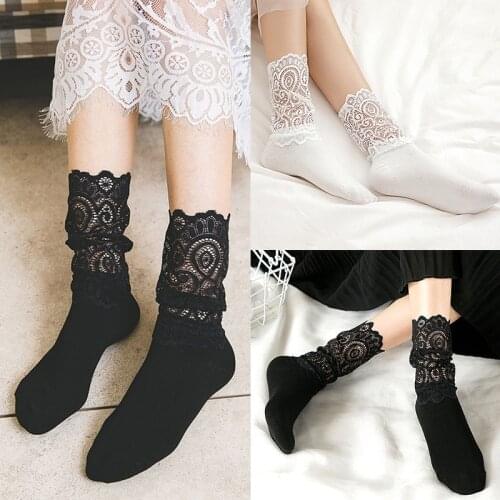 Women Socks black White Breathable Sexy Retro Lace Floral Mesh Socks Elastic Transparent Short Socks