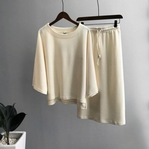 Women Autumn Winter Beige Full Sleeve 2 Two Pieces Set Round Collar Loose Batwing Sleeve Hoodies with Drawstring Skirts