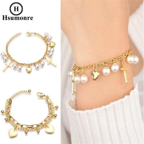 Cross Link Bracelets for Women Beaded Heart Charm Wristband Boho Style Multi-layer Gold Plated Stainless Steel Girfriend Gift