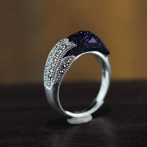 925 Sterling Silver Ring Blue Stone Gemstone Phoenix Tail Design for Women Opening Wedding Gift