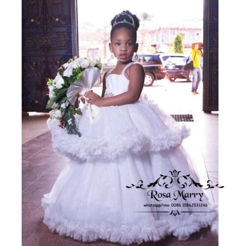 Sparkly White Cupcake Flower Girls Dresses For Weddings 2021 Ball Gown Crystal Sash Girl Pageant First Communion Holy Party Gown