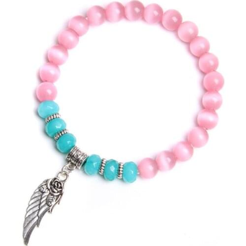 FYSL Silver Plated Feather Connect Cat Eye Stone Beads Stretchy Bracelet Classic Style Jewelry