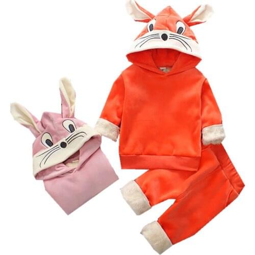 2021 Autumn Winter Baby Boys Girls Velvet Hooded Clothing Set Kids Jacket Coat +Pants 2pcs For Thicken Warm Kids Tracksuits Suit