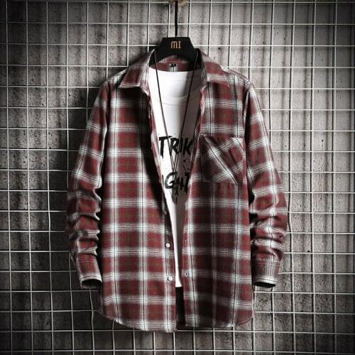 Harajuku Fashion Mens Plaid Shirts Long Sleeve Cotton Shirts High Quality 2020 Japan Style Loose Streetwear Plus Size M-5XL