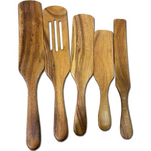 5 Pcs Wooden Spurtles Set,Natural Teak Kitchen Utensils Set, Kitchen Tools Nonstick Cooking Set for Stirring,Serving