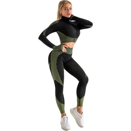 2021 New Seamless Yoga Set Knitting Hip Lift Elasticity Fitness Sports Yoga Clothes Long Sleeve + Pants Running Fitness Suit