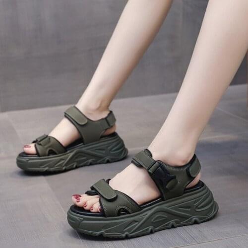 Rimocy New New Army Green Sports Sandals Women Vogue Chunky Platform Sandalias Woman Comforth PU Leather Open Toe Beach Shoes