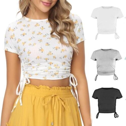 Solid Color/Floral Print Short Sleeve T-Shirt for Women Summer O Neck Short Top Tshirts Women Sexy Slim Crop Top Femme Tshirts