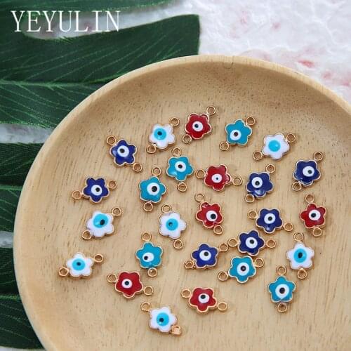 10pcs/pack Gold Tone Flower Blue Eyes Charms Connector Mixed Color Pendant Connection For Women DIY Jewelry Finding Accessories