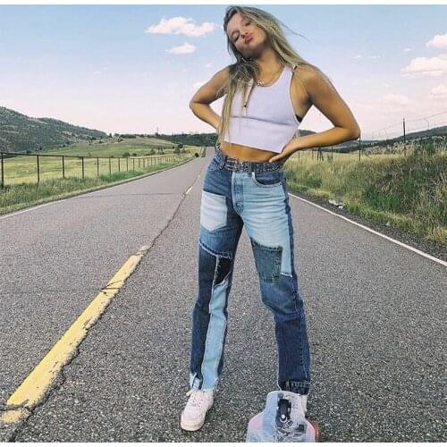 Street fashion womens clothing sexy high waist stitching pocket slim Straight Jeans