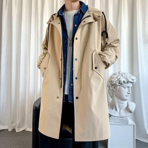 High Street Casual Male Outerwear New Mens Windbreaker Jacket Long Trench Oversize Loose Streetwear Hooded Vintage Black Coats