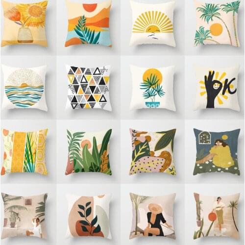 Yellow Orange Brown Abstract Art Cushion Covers Geometric Plants Sunrise Woman Portrait Painting Pillows Case Sofa Throw Pillows