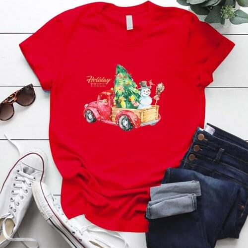 Holiday Truck Printing Christmas Shirts for Women S-5xl Cotton Woman Tshirts Tops Short Sleeve Gift for Family T-shirty Damskie