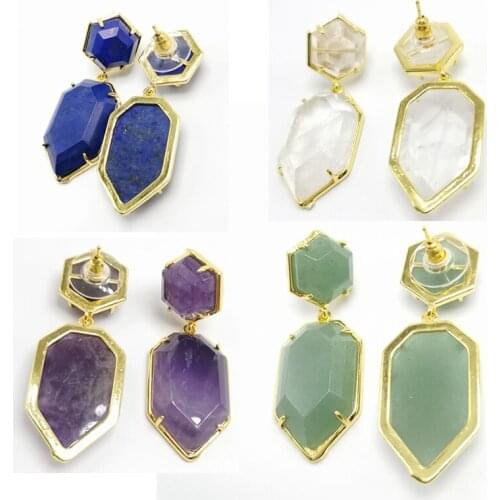 Natural Stone Labradorite Earring Women Stud Earring Geometric Gems Jewelry Double Side Faceted Hexag Sword Tip On