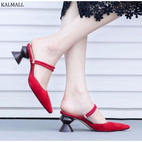 KALMALL Rome Style Strange Heels Women Gladiator Sandals Red Suede Slip-On High Heels Shoes Pointed Toe Slingback Women Pumps