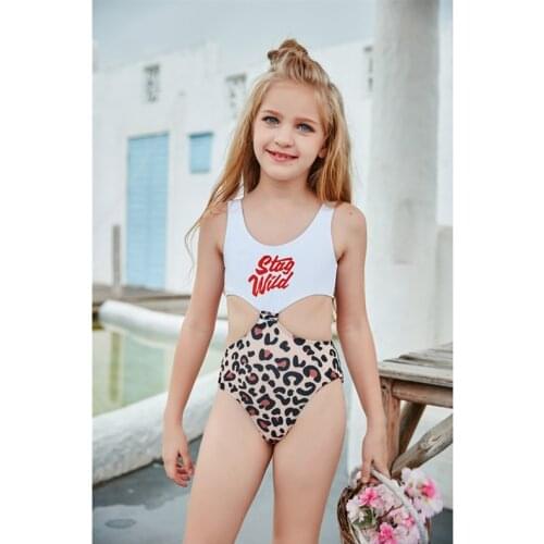 2021 New Fashion Girls Color Matching One-piece Bikini Swimsuit Children Leopard Print Stitching Female Swimsuit Bikini