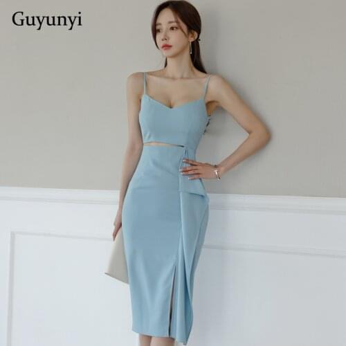 Sky Blue Elegant Party Dress 2021 Summer Simple Sleeveless Sling High Waist Hollow Stitching Decorative Ruffle Womens Dresses