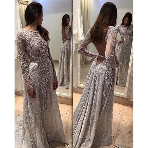 Spring Summer Women Long Sleeve Beading Sequined Mesh Backless Gray Long Dress Party Floor Length Dressess Vestidos 2019 New