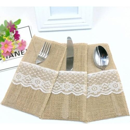 5/10 Pouch Cutlery Holder Decoration Favor rustic wedding decor vintage wedding decoration Hessian Burlap Lace Wedding Tableware