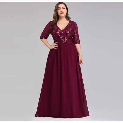 Sequins Deep V-Neck Evening Dress Simple Empire Half Sleeves Pleat A-Line Floor-Length Fashion Plus Size Women Formal Gowns D930