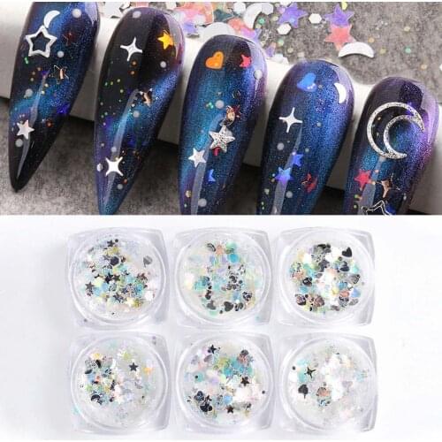 6 Box Nail Flakes Vibrant Color Nail Glitter Cartoon Laser Star Moon Starry Sky Shiny Sequins DIY Nail Flakes