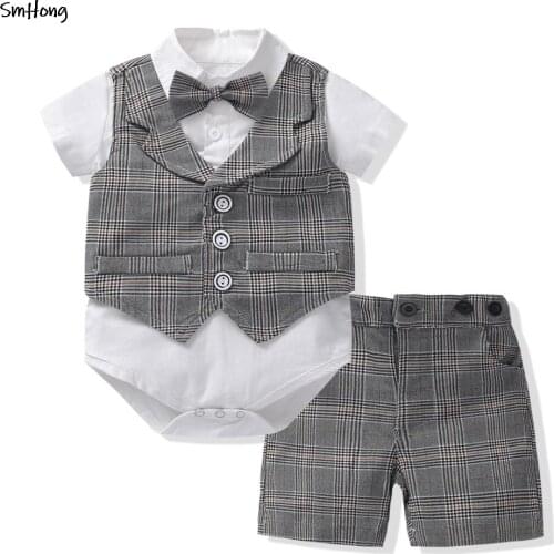 Newborn Baby Boy Clothing Sets Infant Boys Plaid Romper with Suspender Shorts 2pcs Summer Clothes 1st Birthsday Gifts Baby Stuff